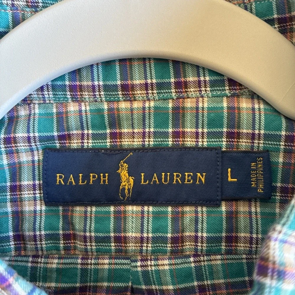 Ralph Lauren Button Down Plaid Green Blue Check Men's Size L 46 chest